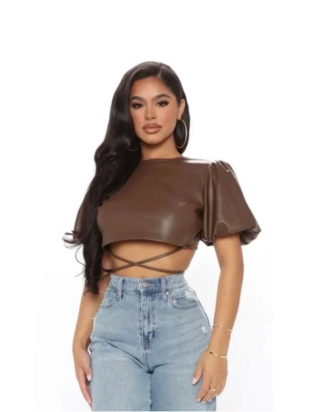Cropped Brown Faux Leather Puff-Sleeve Wrap Crop Top
